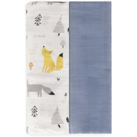 Featherhead™ 2-Pack 100% Cotton Muslin Swaddle Blankets for Baby Boy - Large 47”x 47” - Pre-Washed  Soft  & Breathable - Newborn Essential & Perfect Baby Registry Gift (Blue Foxes)