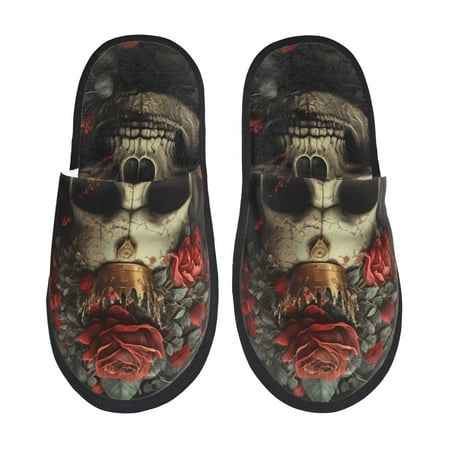 Balery Classical Rose Crown Skull Slient Indoor Furry Fleece Comfort House Shoes Soft Non-Slip Home Shoes Cotton slippers House Slippers-- Medium