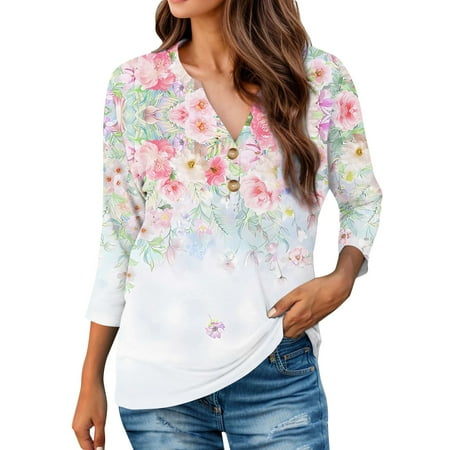 IYYVV Summer Tops For Women 2024 Three Quarter Sleeve Button Down Floral Graphic T Shirts Hawaiian Shirt Vneck Tunic 3/4 Sleeve Loose Casual Fall Gym Clothes For Woman Pink 3XL