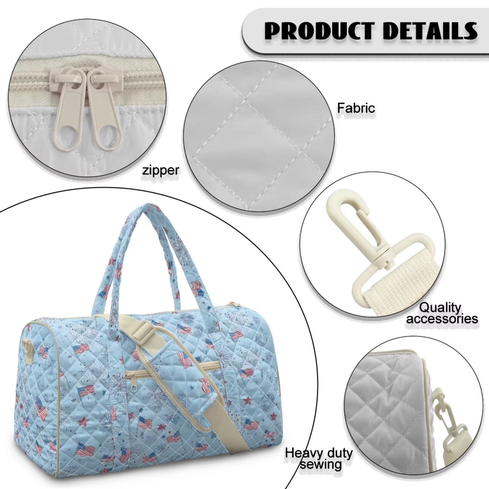 Xixirimido American Flags Firework Blue Print Travel Duffel Bags for Women Men Weekender Overnight Bag Carry On Quilted Fabric, Women Hospital Bags for Labor and Delivery