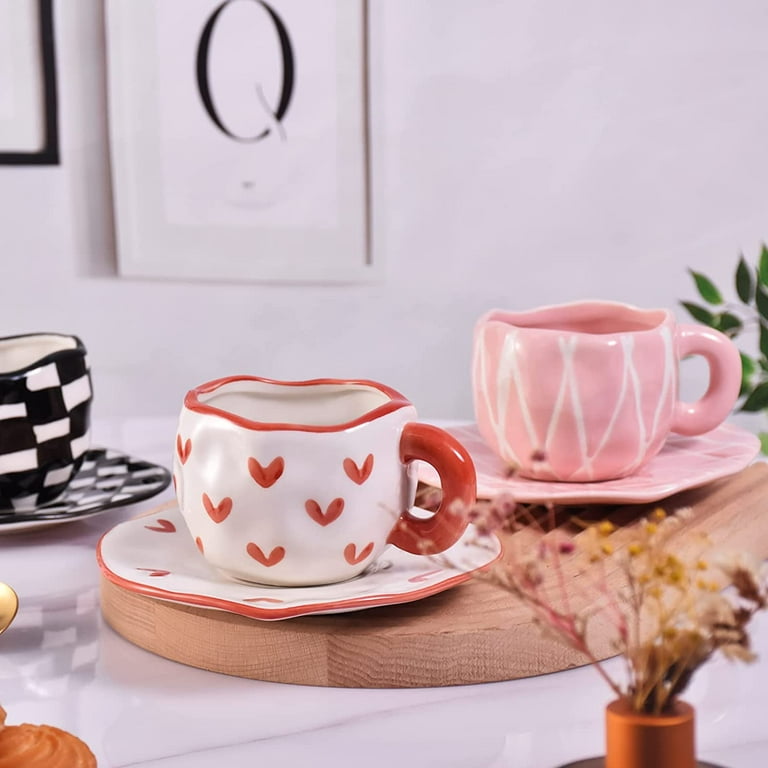 DanceeMangoos Ceramic Coffee Mug with Saucer Set, Cute Creative Cup Unique  Irregular Design for Office and Home, Dishwasher and Microwave Safe, 10  oz/300 ml for Latte Tea Milk (Red Heart) 