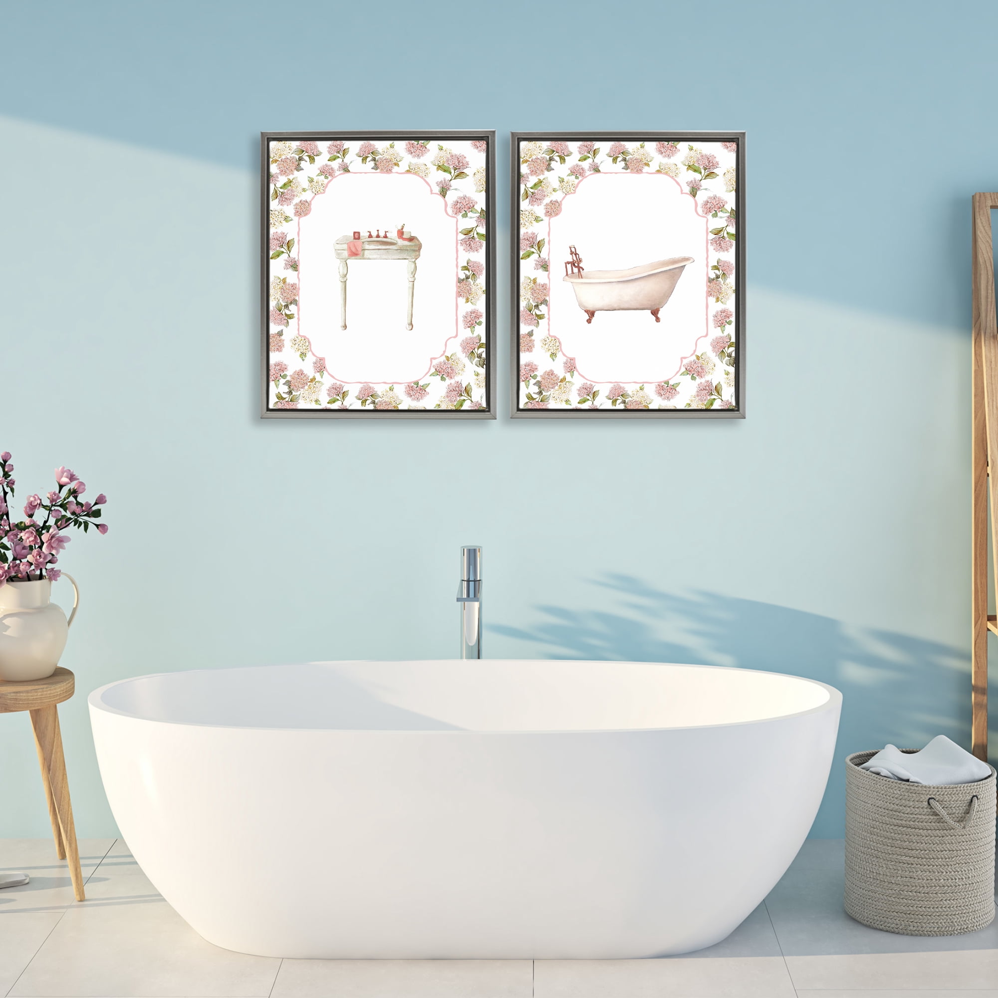 Stupell Industries Elegant Hydrangeas Bathroom 2 Piece Gray Framed Floater Canvas Set, design by Carol Robinson
