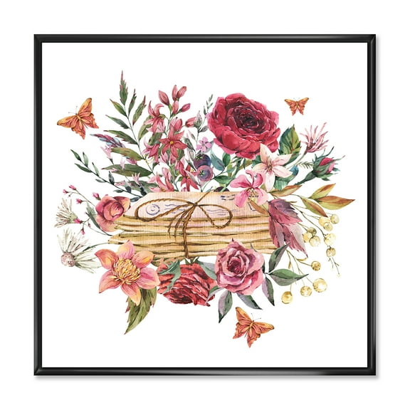 Designart 'Wildflowers With Vintage Old Letters' Farmhouse Framed Canvas Wall Art Print