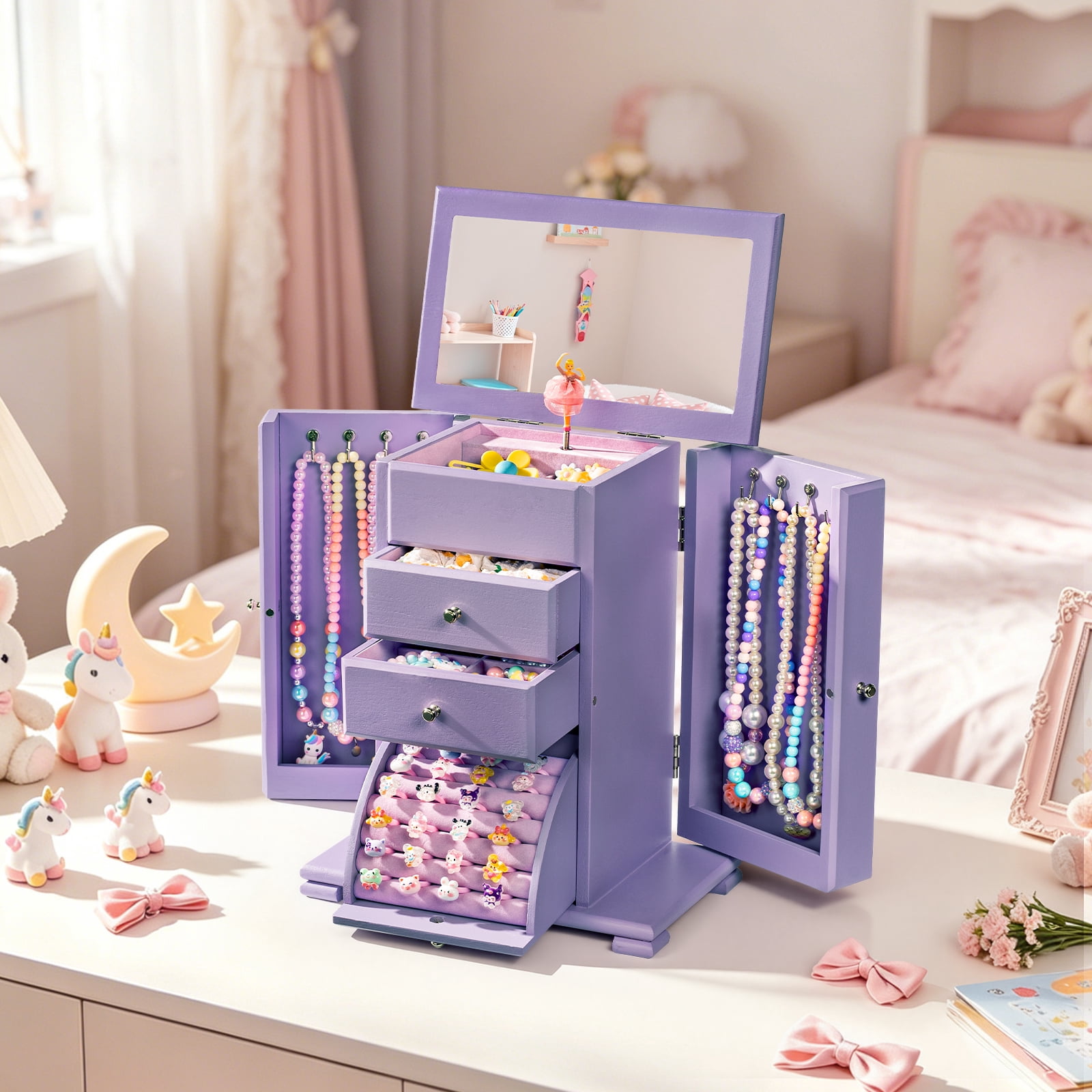 Sfugno Music Jewelry Box for Girls, Wooden Jewelry Boxes & Organizers with Mirror, 4 Layer Jewelry Organizer Box Display for Rings Necklaces Bracelets,Purple