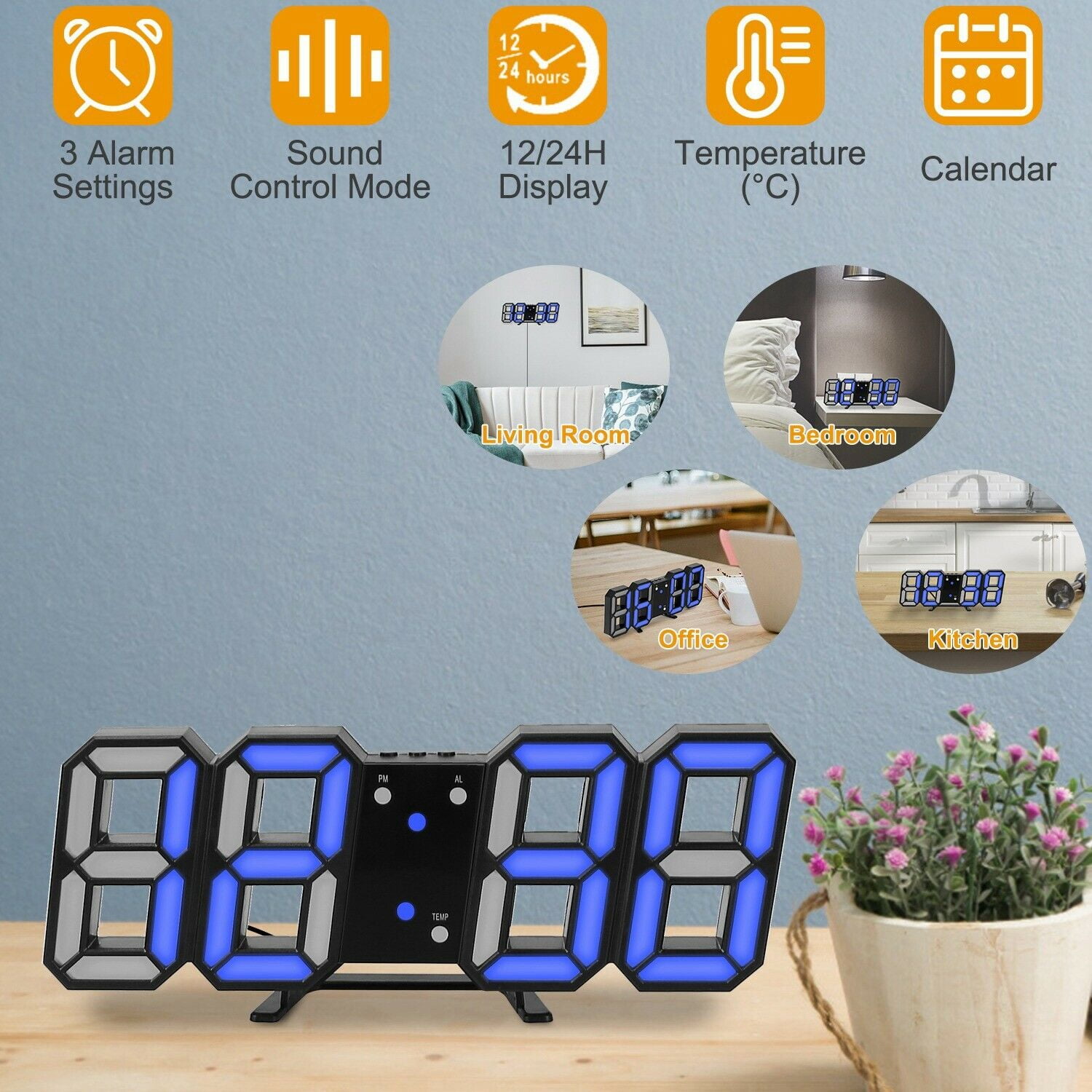 8" Display Digital Clock 3D LED Desk Wall Clock Alarm USB 12/24h Auto