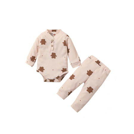 

Nokpsedcb 2PCS Newborn Infant Baby Boys Girls Waffle Spring Fall Outfits Toddler Bear Print Playsuit Trousers Beige 12-18 Months