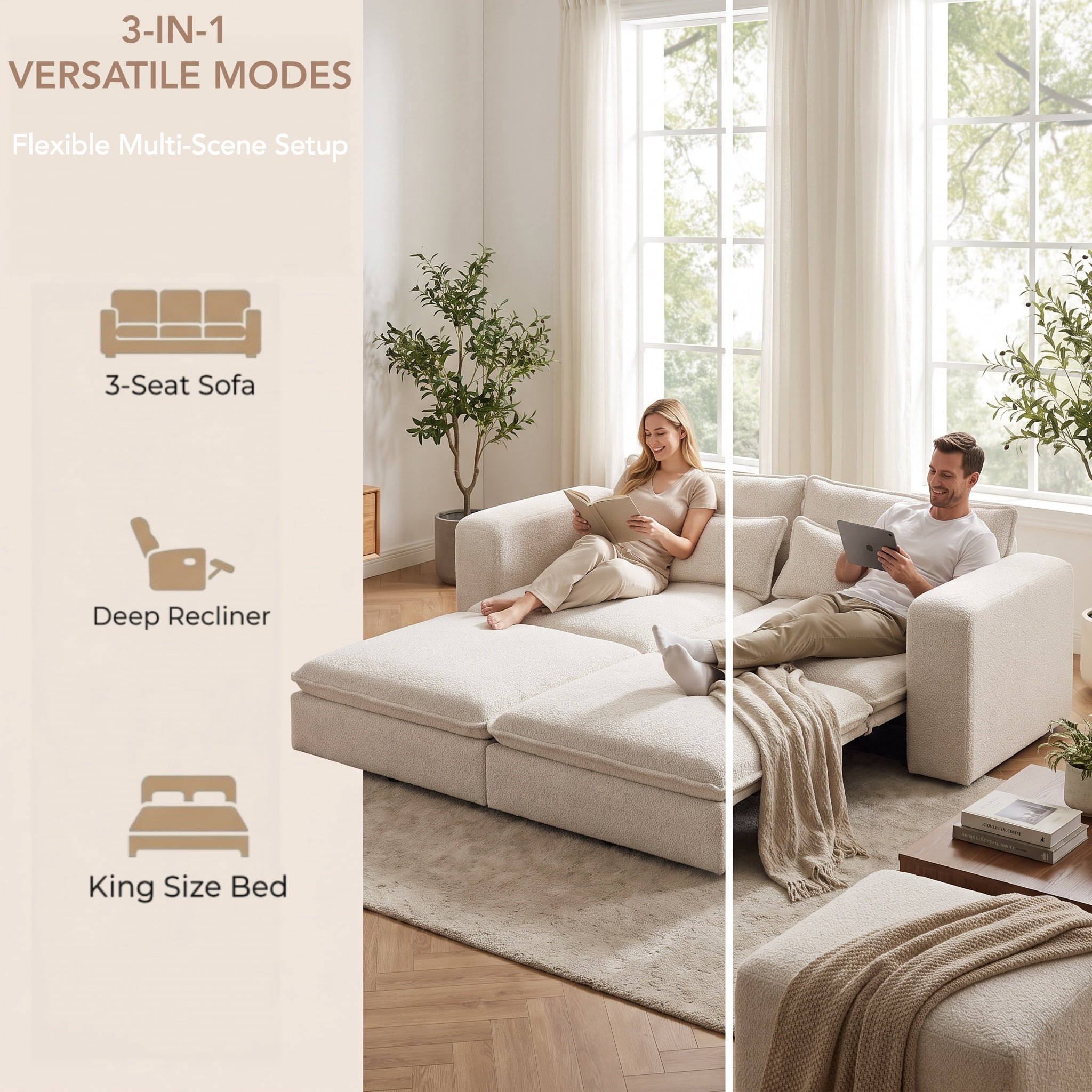 3-in-1 King Size Sleeper Sofa Bed, 93" Sherpa Fleece Pull Out Couch with Wide Armrests & Deep Seat, Modern Convertible Futon Lounge Sofa with 2 Pillows, Beige