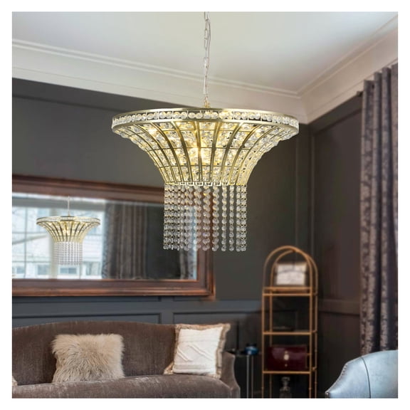 (Same as W1340P189414/L005016-D600-P8G) 24" Modern Crystal Round Chandelier with Gold Finish, Elegant Pendant Light with Cascading Beads, for Dining Room, Living Room, or Foyer (No Bulbs)