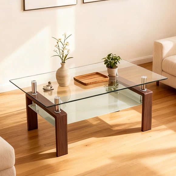 Rectangle Tempered Glass Coffee Table with Shelf, 38.98" Modern Clear Sofa Table with Wood Legs & Metal Supports, 2-Tier Storage Center Table for Living Room with 220 lbs Capacity, Walnut