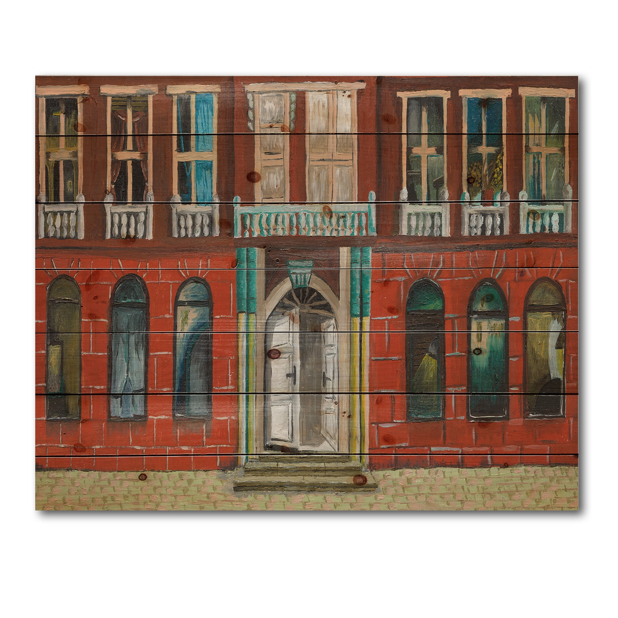 Designart 'Vintage Red Facade of Shop In Paris II' French Country Print on Natural Pine Wood