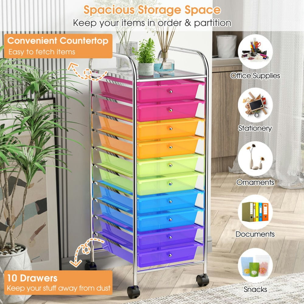 Canddidliike 10 Drawer Rolling Storage Cart Organizer with 4 Universal Casters, Craft Organizers and Storage, Multipurpose Organizer Cart for Home, Office, School