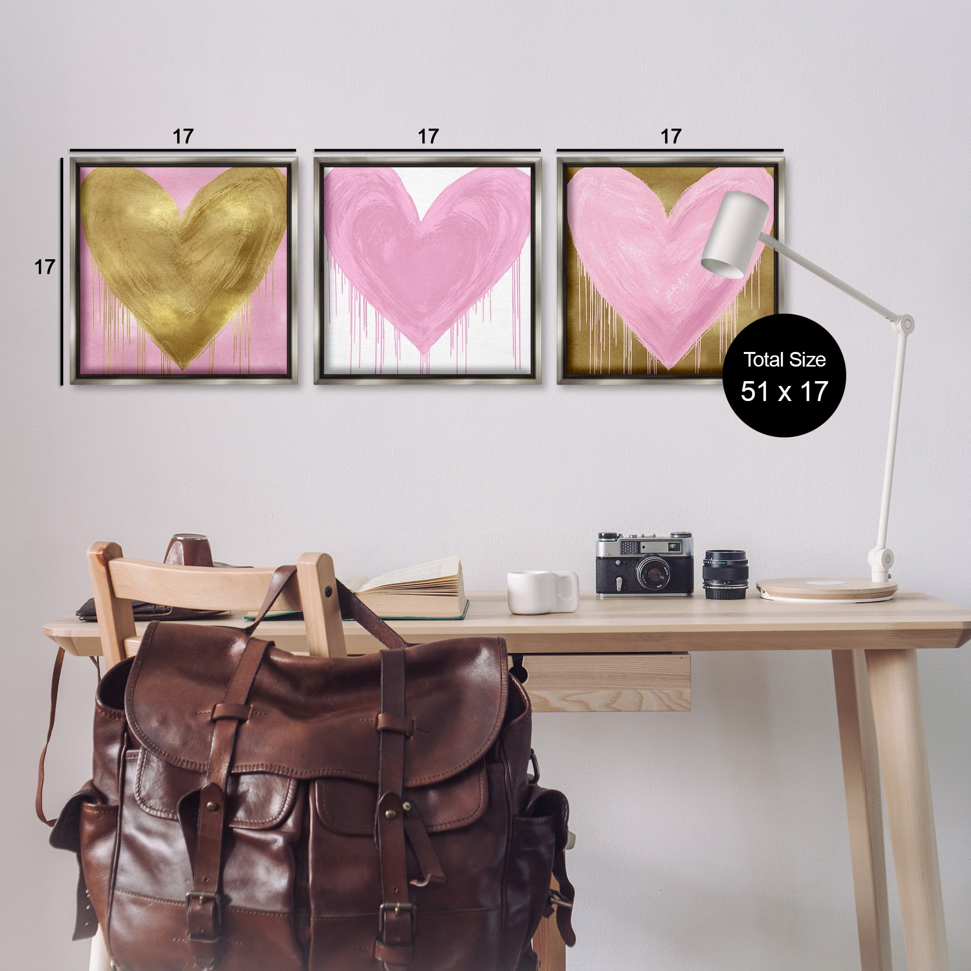 Stupell Industries Glam Paint Drip Hearts Design Art for Kids Painting Gray Floater Framed Canvas Art Print Wall Art, 18 x 18, Set of 3