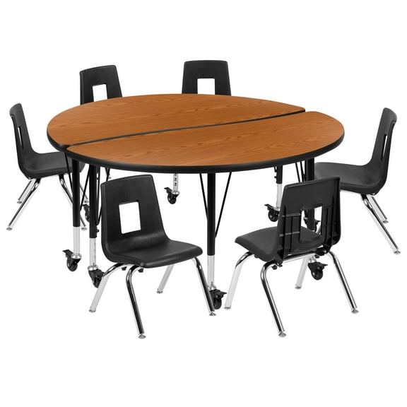 Flash Furniture Emmy Mobile 47.5" Circle Wave Flexible Laminate Activity Table Set with 14" Student Stack Chairs, Oak/Black