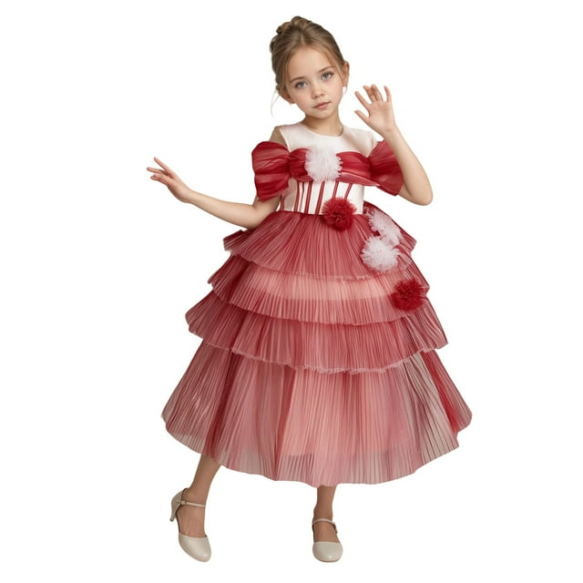 FYDUU Robe Plissée pour Tout-Petites Filles à Épaules Dénudées Style Gâteau Robe de Soirée pour Fêtes et Célébrations Robes Décontractées Robe d'Été Vêtements d'École A