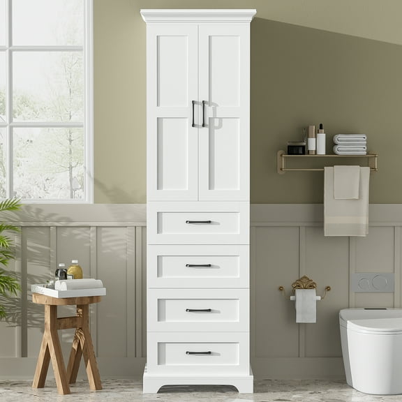 Tall Bathroom Storage with 2 Soft Close Doors, 3 Drawers Including Deep Drawer, Adjustable Shelf and Black Iron Handles, 71.6 Inch Freestanding