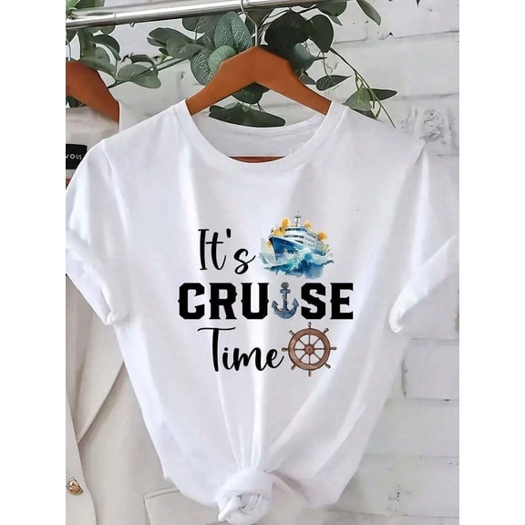 Ladies' Short-Sleeve T-Shirt With A 'Cruise Time' Pattern, Designed For Cruise Travel, Perfect For Comfortable And Casual Wear In Spring And Summer.