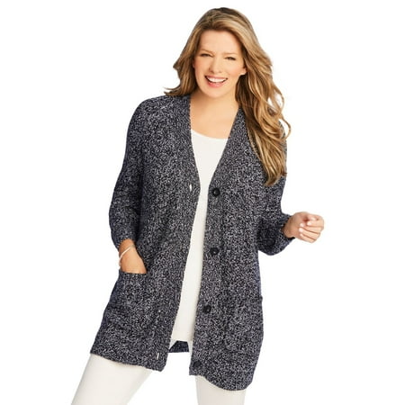 Woman Within Women's Plus Size Button-front Shaker Cardigan Color: Black White Marled Size: LARGE