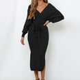 thumbnail image 3 of Arnsht Women's V Neck Long Batwing Sleeve Wrap Midi Knit Sweater Dress Elegant Backless with Belt Slit Black L, 3 of 8