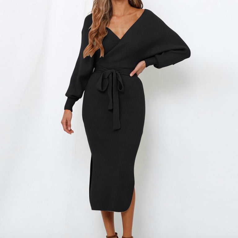 Enjoytime Elegant Dresses for Women Solid Color V-Neck Long Sleeve Knitted  Long Dress with Bandage Fall Winter Wedding Guest Dress Black S
