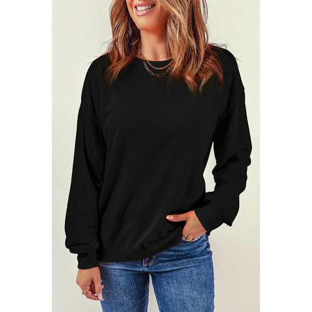 ABPHQTO Sudadera de mujer negra lisa con cuello redondo Walmart en linea
