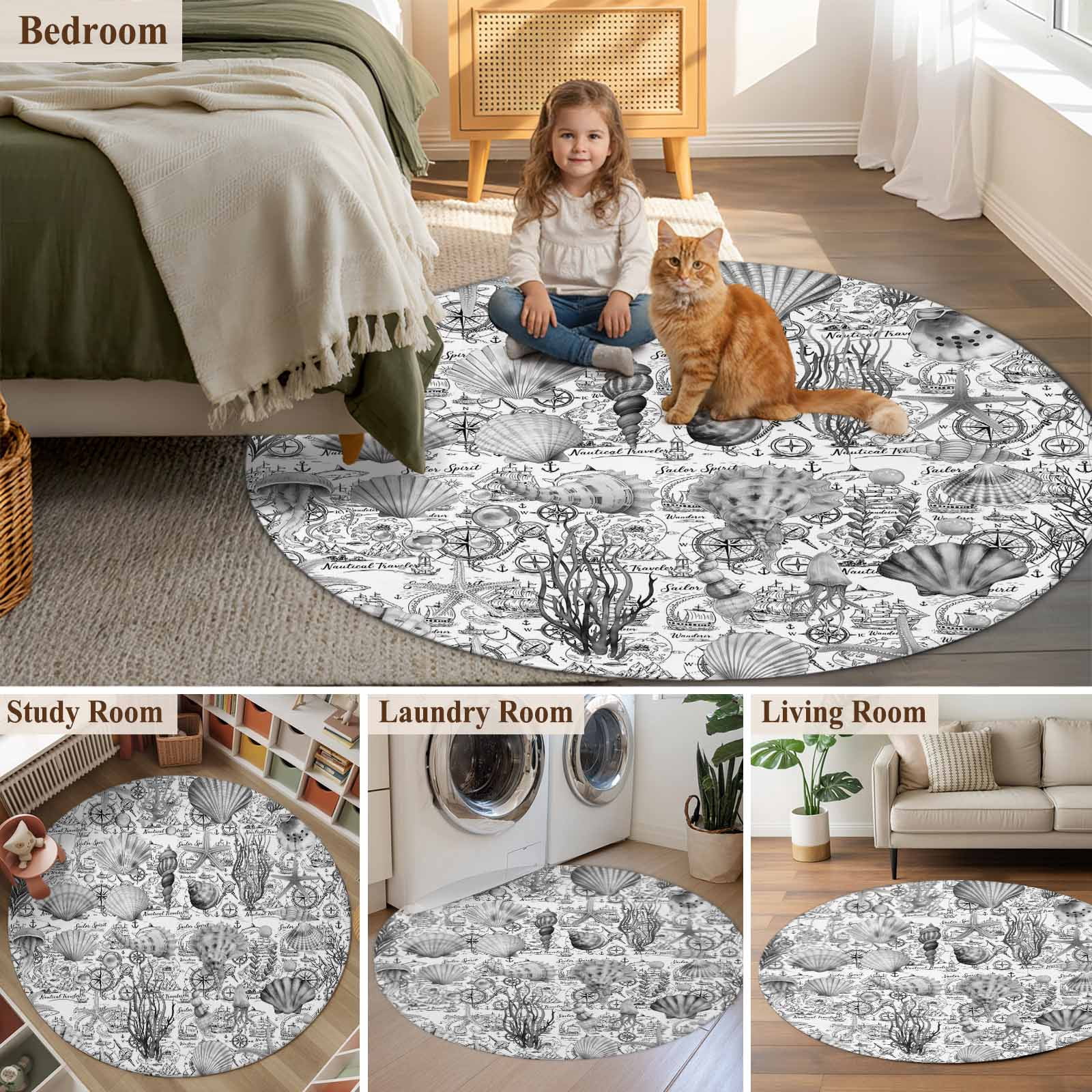 Grey Shell Starfish Coastal Round Area Rug 6Ft Washable Circle Rugs for Bathroom Office, Nautical Ocean Summer Beach Non-Slip Carpet Floor Mats Indoor Outdoor Carpet Runner Aesthetic Home Decor