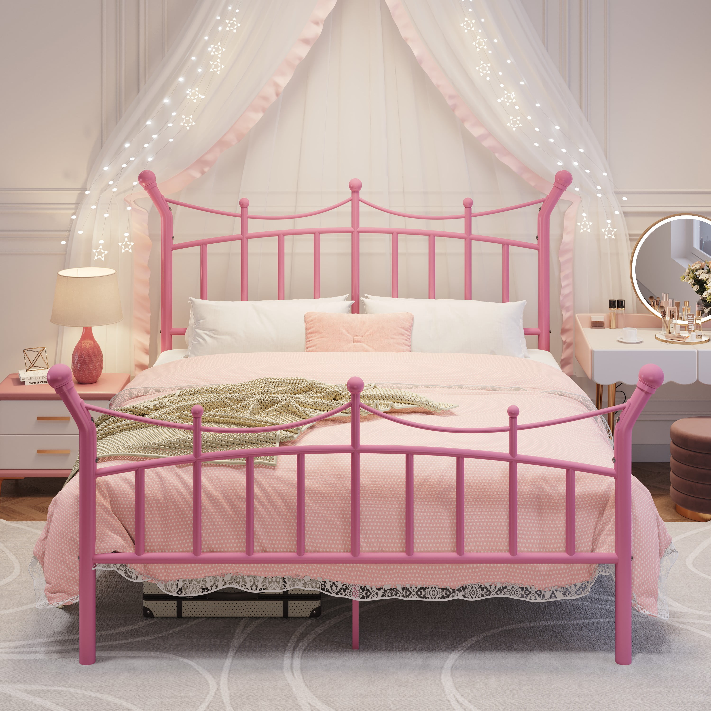 Amolife Full Bed Frame, Metal Platform Bed with Crown-Shaped Headboard and Footboard, 12.6'' Under-Bed Storage Space, No Box Spring Needed, Pink
