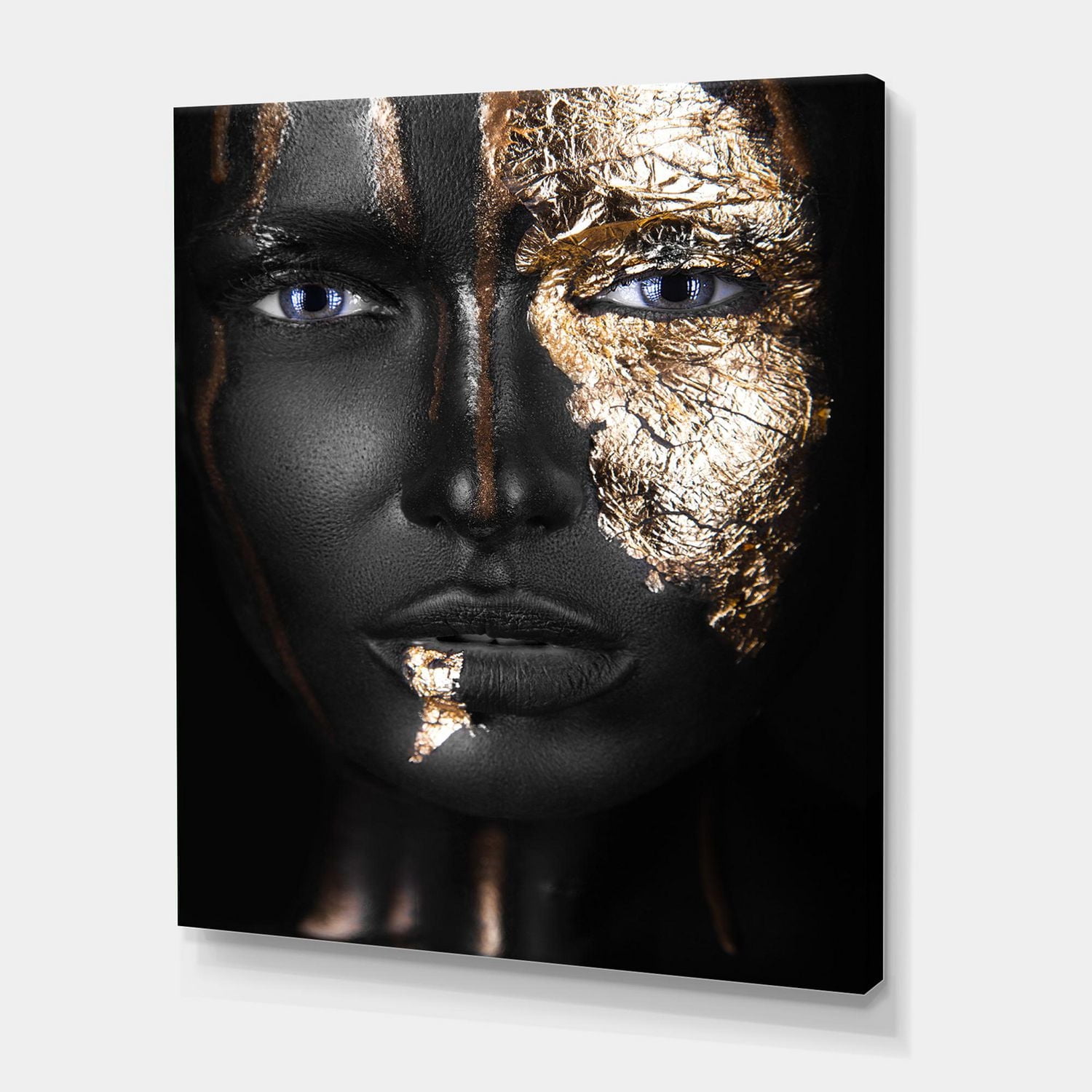 Designart Portrait of A Afro American Girl with Gold Makeup Canvas Wall Art