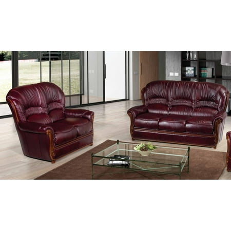 Modern Italian Leather Living Room Sofa Set 2 Pcs Burgundy
