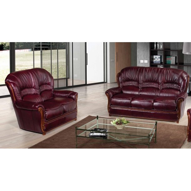 Modern Italian Leather Living Room Sofa Set 2 Pcs Burgundy Living Room Sofa Set 2 Pcs Burgundy