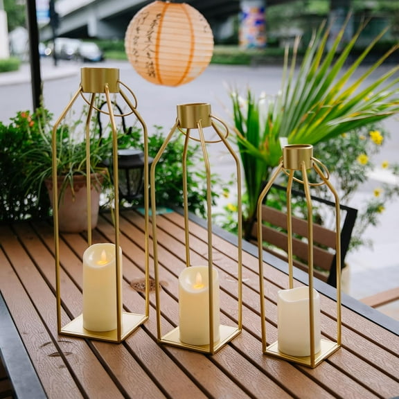 HPC DECOR Modern Farmhouse Lantern Decor - 22''19''16'' Tall Large Gold Metal Candle Lanterns for Home Decor