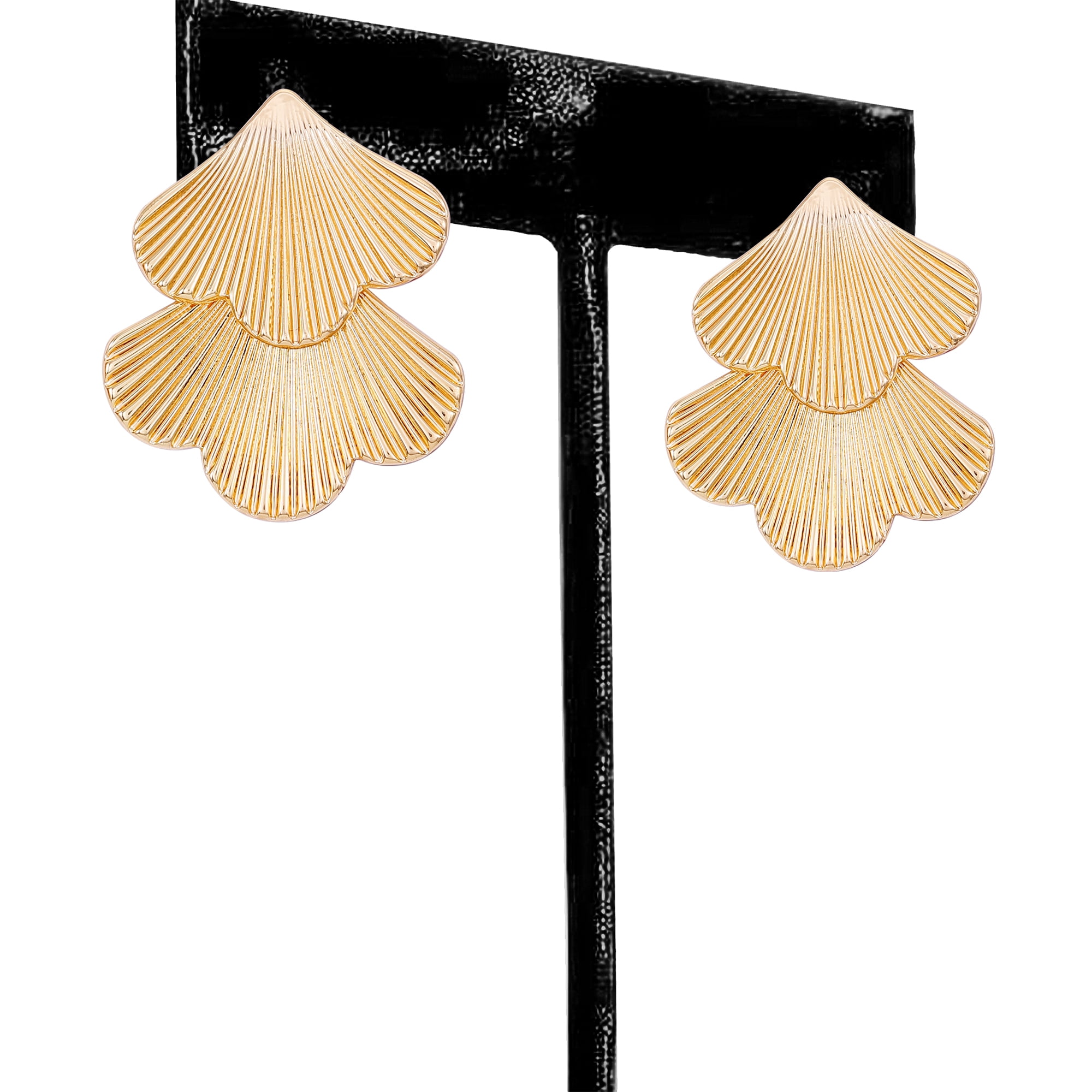 Time and Tru Women's Gold Tone Modern Textured Double Fan Art Deco Style Casting Drop Post Earring