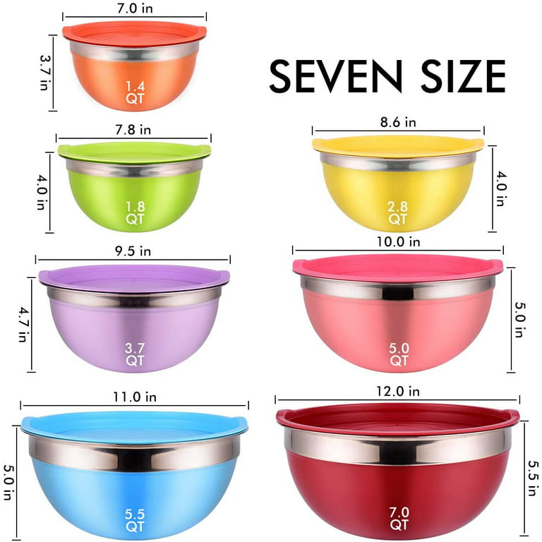 P&P CHEF Red Mixing Bowls with Lids Set of 5, Stainless Steel Salad Nested  Bowls for Kitchen - Size 7/3.5/2.5/1.5/1 QT, Non-Slip Silicone Base 