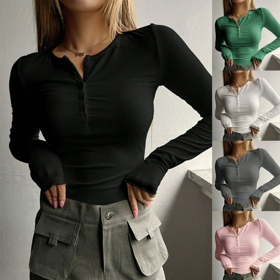 Womens V Neck Henley Top Long Sleeve Ribbed Knit Slim Fit Button Front Casual Tee