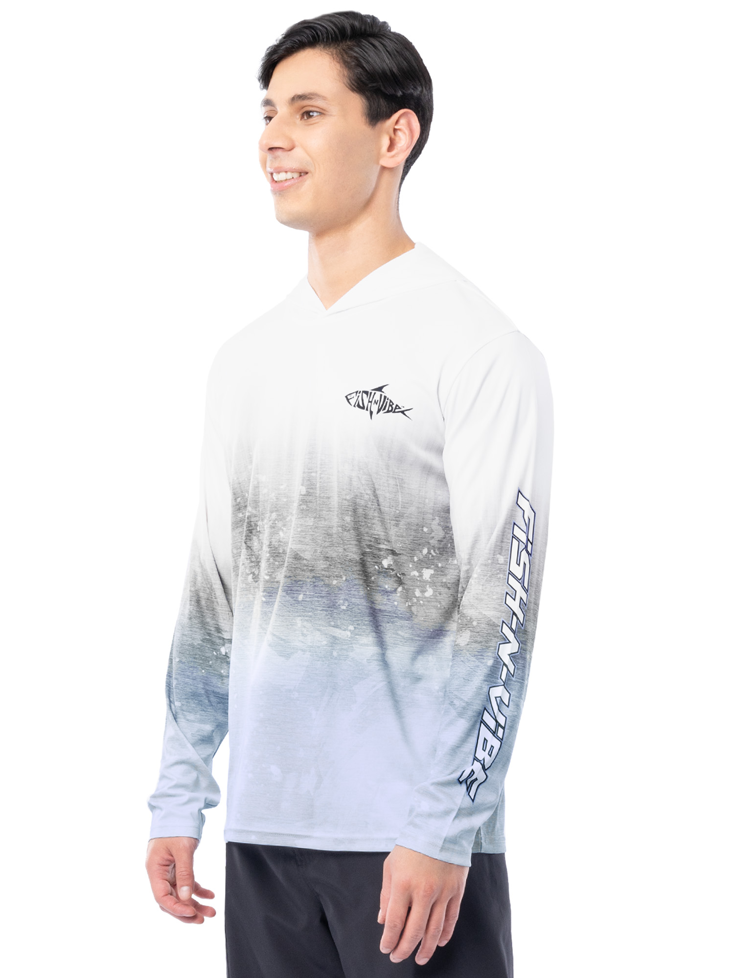 Fish N Vibe Men's Long Sleeve Performance UPF 30 Fishing Graphic Hoodie, Rainbow Canvas - Off-White, L