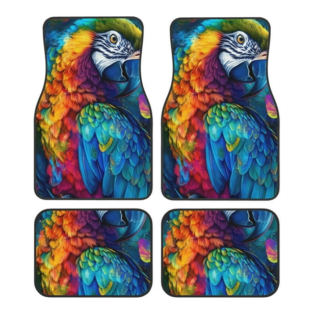 Balery Colorful Parrot Jungle Dream Juego de 4 Alfombrillas para Auto, Revestimientos de Caucho Resistente, Diseño Antideslizante