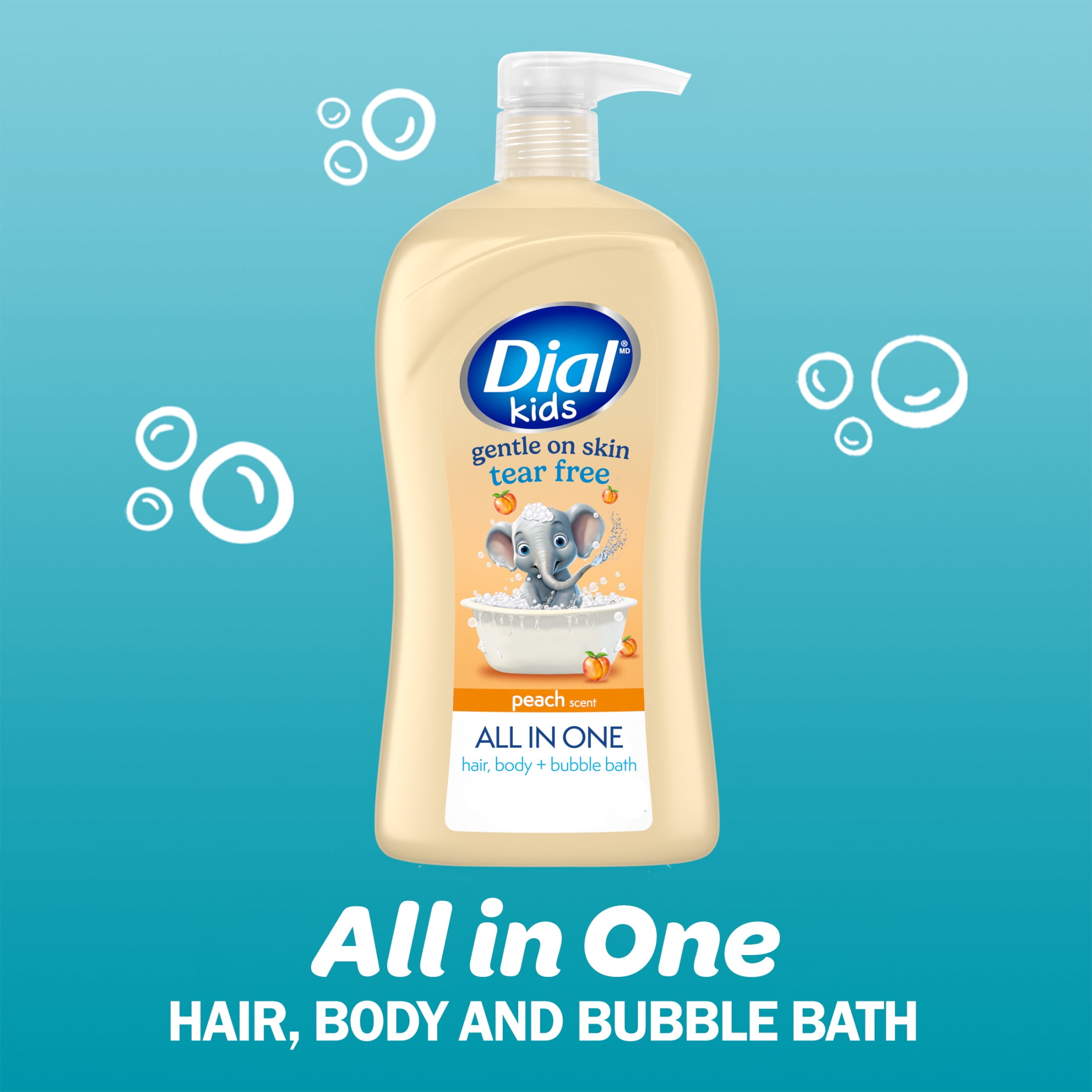 Dial Kids All-in-1 Body Wash, Hair Wash & Bubble Bath, Ages 2+, Tear-Free, Peach, 32 oz