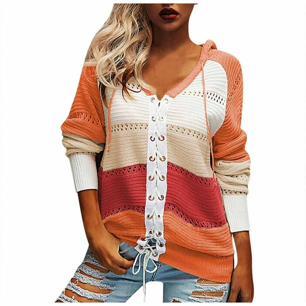 Fall Womens Tops Hoodies for Womens Color Block Sweater Winter Coats Knit  Women Girls Jacket Womens Long Sleeve Women Cardigan Lace Al6058 Women Tie 