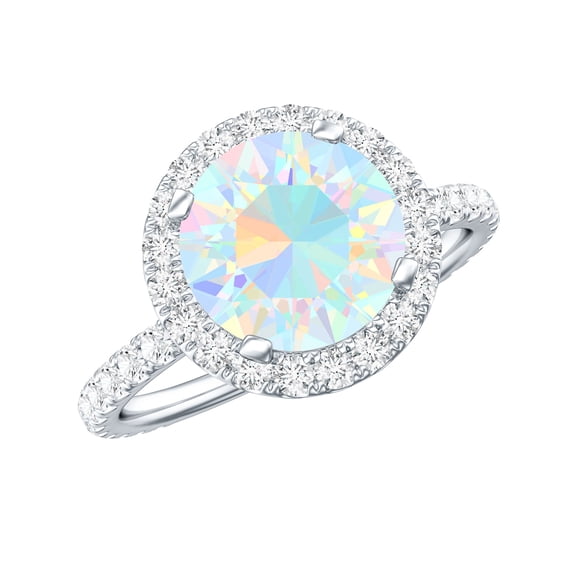 Rosec Jewels Classic Ethiopian Opal Engagement Ring with Halo (2 Carat, AAA Quality) - Opal Statement Ring with Moissanite, 925 Sterling Silver, US 4.00
