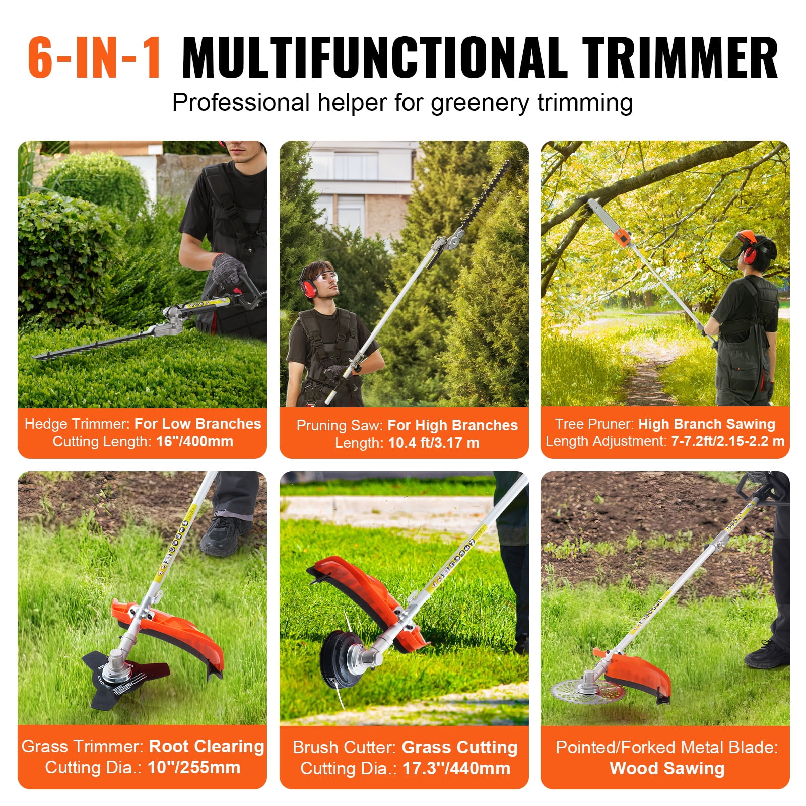 KFFKFF 52CC 6-in-1 Gas-Powered Multi-Tool for Landscaping, Hedge Trimmer, Weed Cutter, String Trimmer, Brush Cutter, Edger, and Pole Saw with Extension Pole