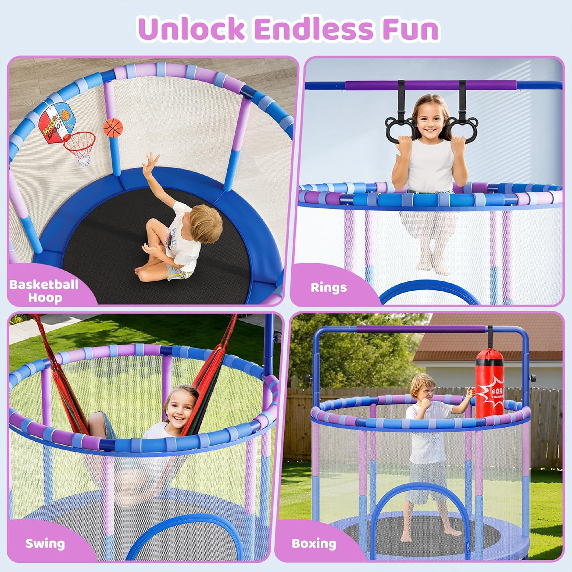 Toremore 55" Trampoline for Kids with Enclosure, 6-in-1 Kid Trampoline Indoor & Outdoor, Toddle Trampoline with Adjustable Gymnastics Bars, Blue