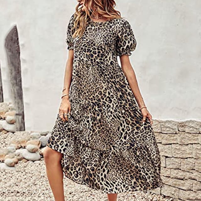 Robes de Graduation pour Femmes 2023 Robe d'Été Décontractée Boho Imprimé Floral Manches Bouffantes à Volants Taille Haute Midi Robes de Plage Robe de Club en Solde