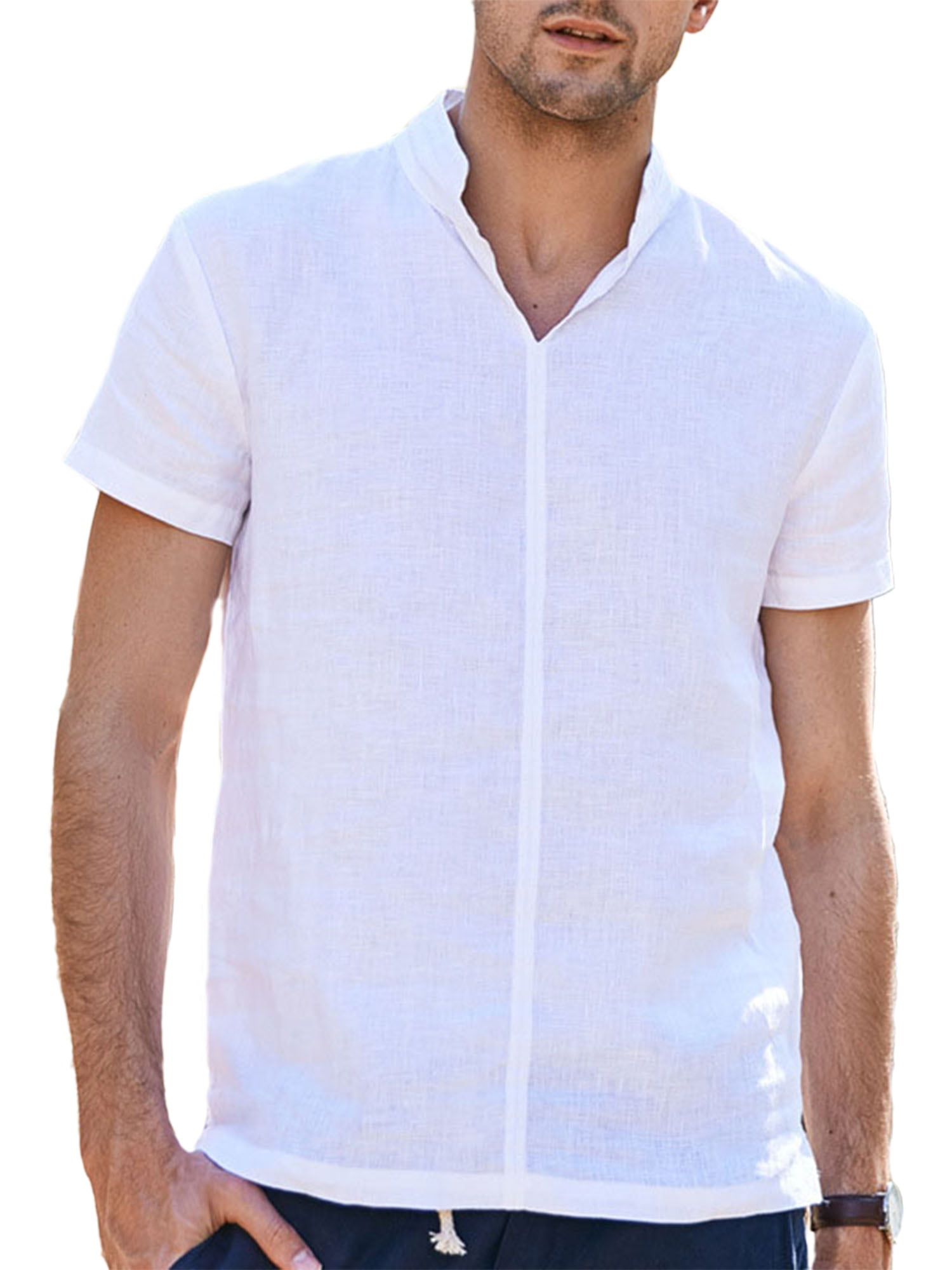 Domple Mens Stand Collar Cotton Linen Short Sleeve Summer Solid T-Shirt Tee 