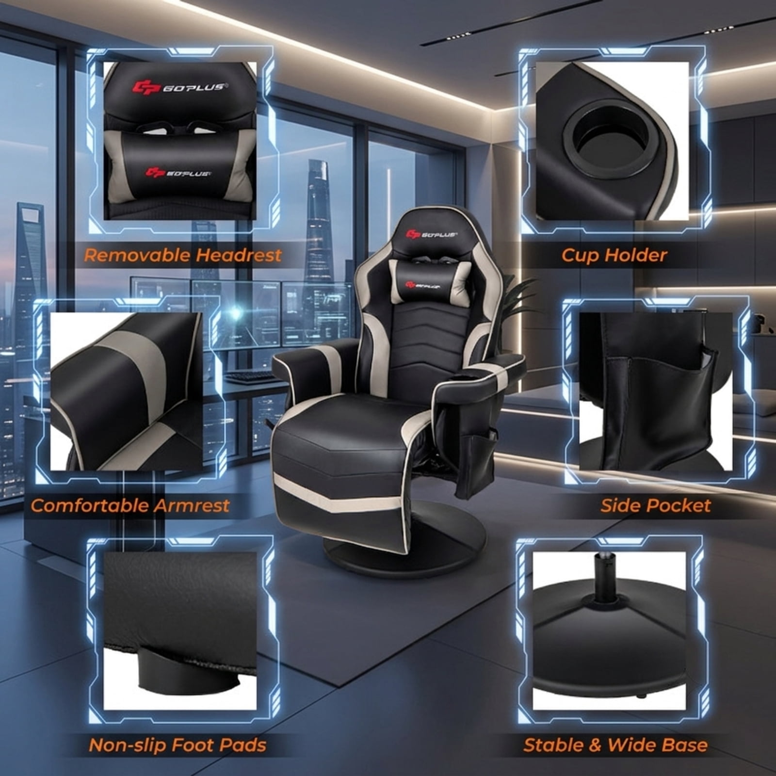 Furnibear Massage Video Gaming Recliner Chair with Adjustable Height Reclining Backrest Removable Headrest and Cup Holder for Gaming and Office, Gray