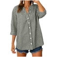 thumbnail image 4 of felwors Cotton 3/4 Sleeve Button Down Shirts for Women Gingham Plaid Striped Tops V Neck Casual Loose Blouse (Green, S), 4 of 7