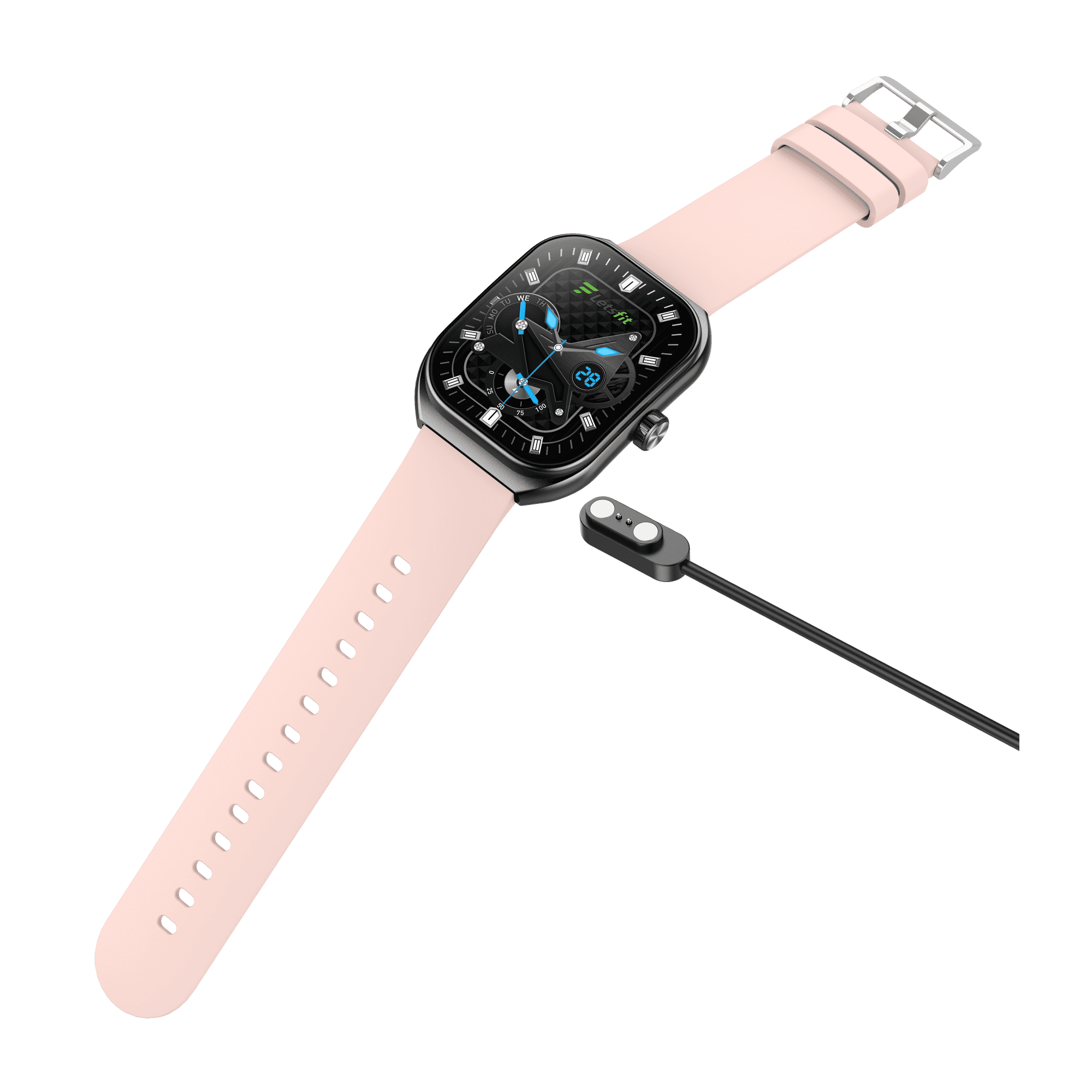 Letsfit smartwatch E46 Display 2 packs : TFT Black Bezel plus Pink band plus bluetooth calling and voice assistant plus2 extra leather bands in black color