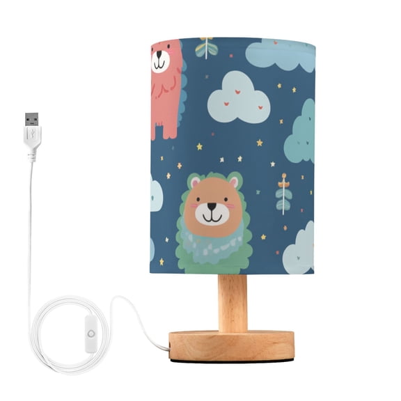 Bears with Rainbow Clouds Table Lamp USB Bedside Desk Nightstand Lamp Printed Gifts Small Lamp Wood Base for Bedroom Living Room Kids Room College Dorm