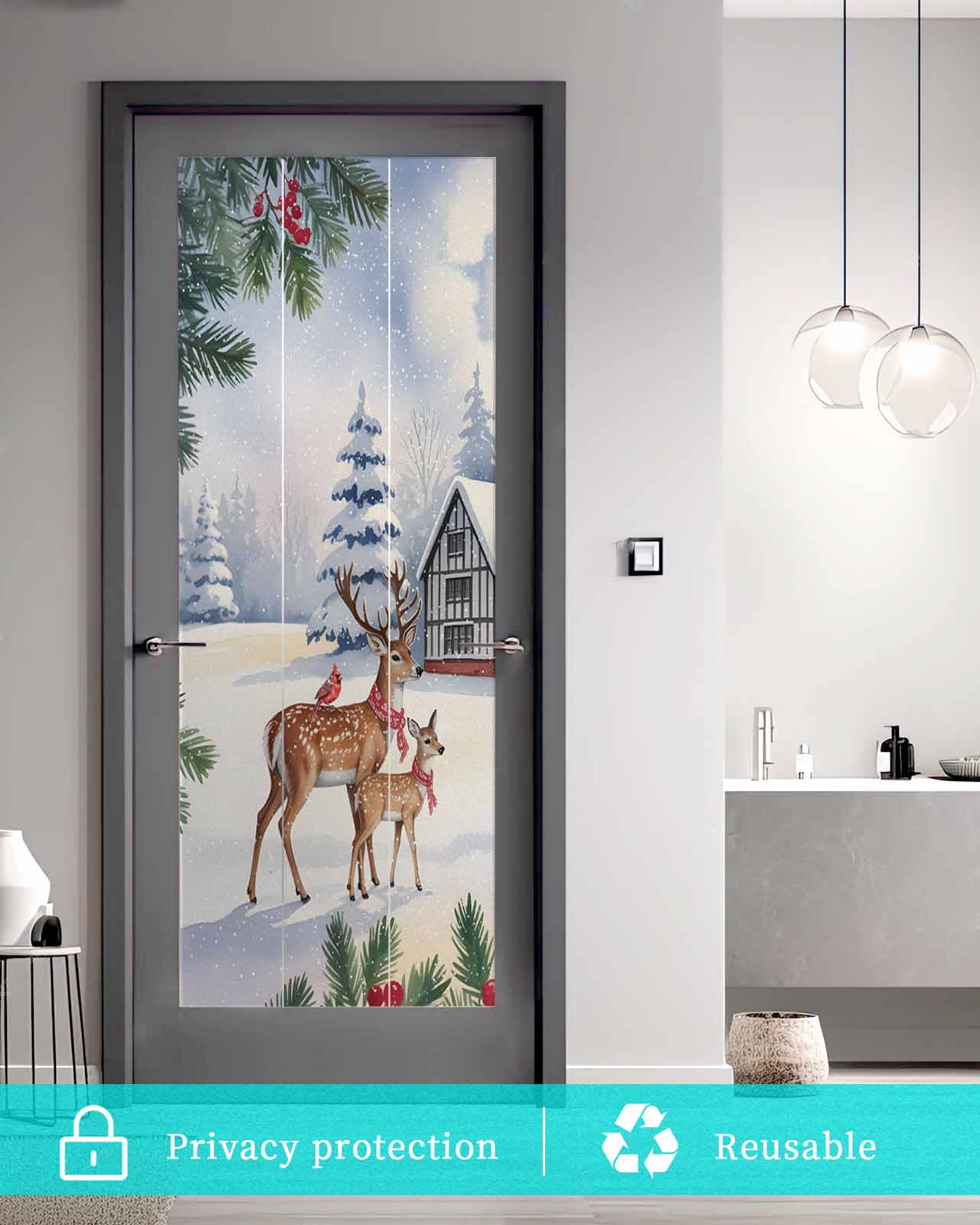 Christmas Snowfields Winter Elk Cardinal Xmas Tree Branch Window Privacy Film Stained Glass Window Film Decorative Windows Cover Static Windows Cling for Glass Door Stickers for Bathroom 23.6"x59"