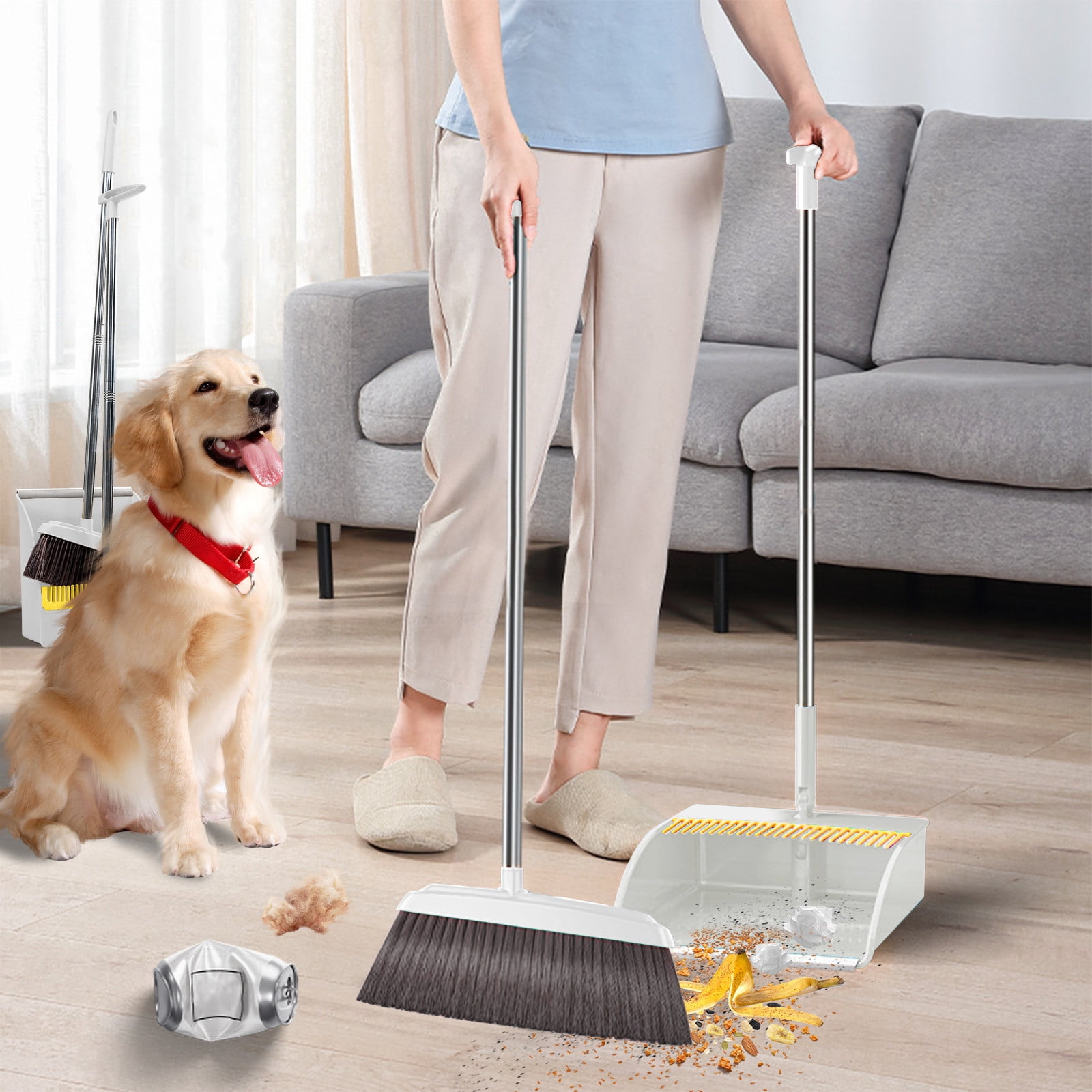 Chmadoxn Dorm Room Essentials, Cleaning Supplies Brooms Indoor Rotatable Standing Storage Buckle Type Brooms And Dustpan Set With Scraping Teeth And Scraper Cleaning Suitable For Home portable broom