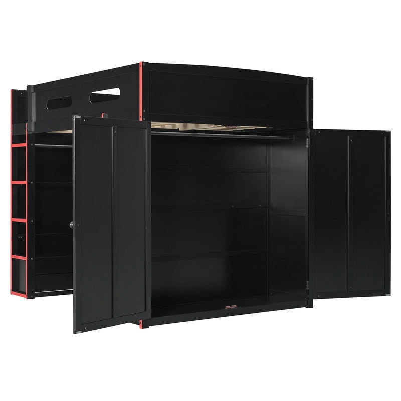 Full Size Wooden Loft Bed with Desk, Wardrobe and Storage Shelves, Gaming Loft Bed Frame with RGB LED Light, USB Charging Port and Built-In Workstation for Bedroom
