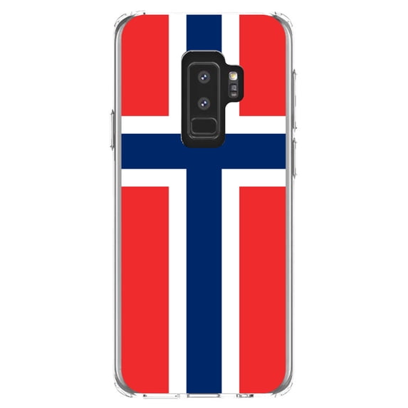DistinctInk Clear Shockproof Hybrid Case for Samsung Galaxy S9+ PLUS (6.2" Screen) - TPU Bumper, Acrylic Back, Tempered Glass Screen Protector - Norway Flag Red White Blue - Norway